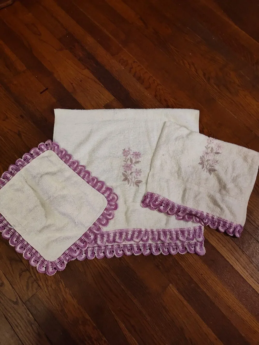 Vintage Purple Towel Set Retro Decorative Bath Lace Crochet Trim Set Of 3